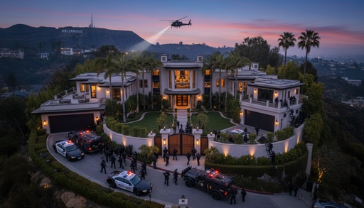 Luxury mansion surrounded by police and a helicopter in the Hollywood Hills at dusk