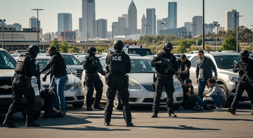 Police officers in tactical gear conducting an arrest in a parking lot