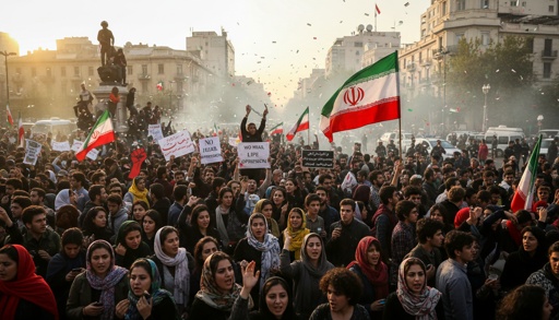 Large crowd of protesters holding Iranian flags and signs during a demonstration