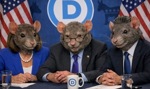 Three individuals with rat heads at a political conference
