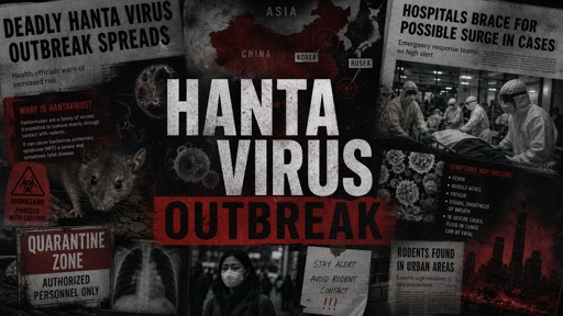 Graphic depicting Hanta virus outbreak with warnings and images of affected areas