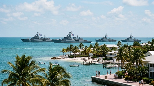 A fleet of naval ships sailing in the ocean near a tropical shore